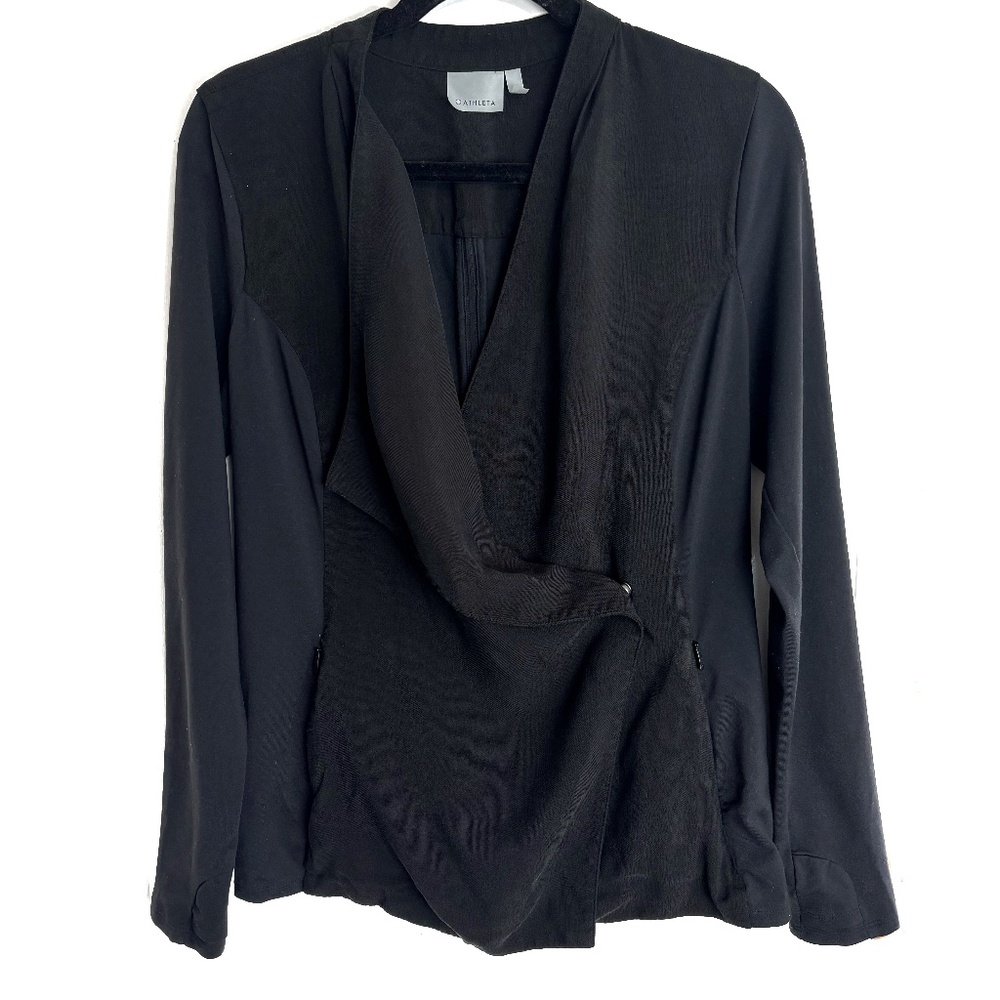 [ Athleta ] Drape Front Snap Jacket Black Size S | Fall 2016 Style 73595